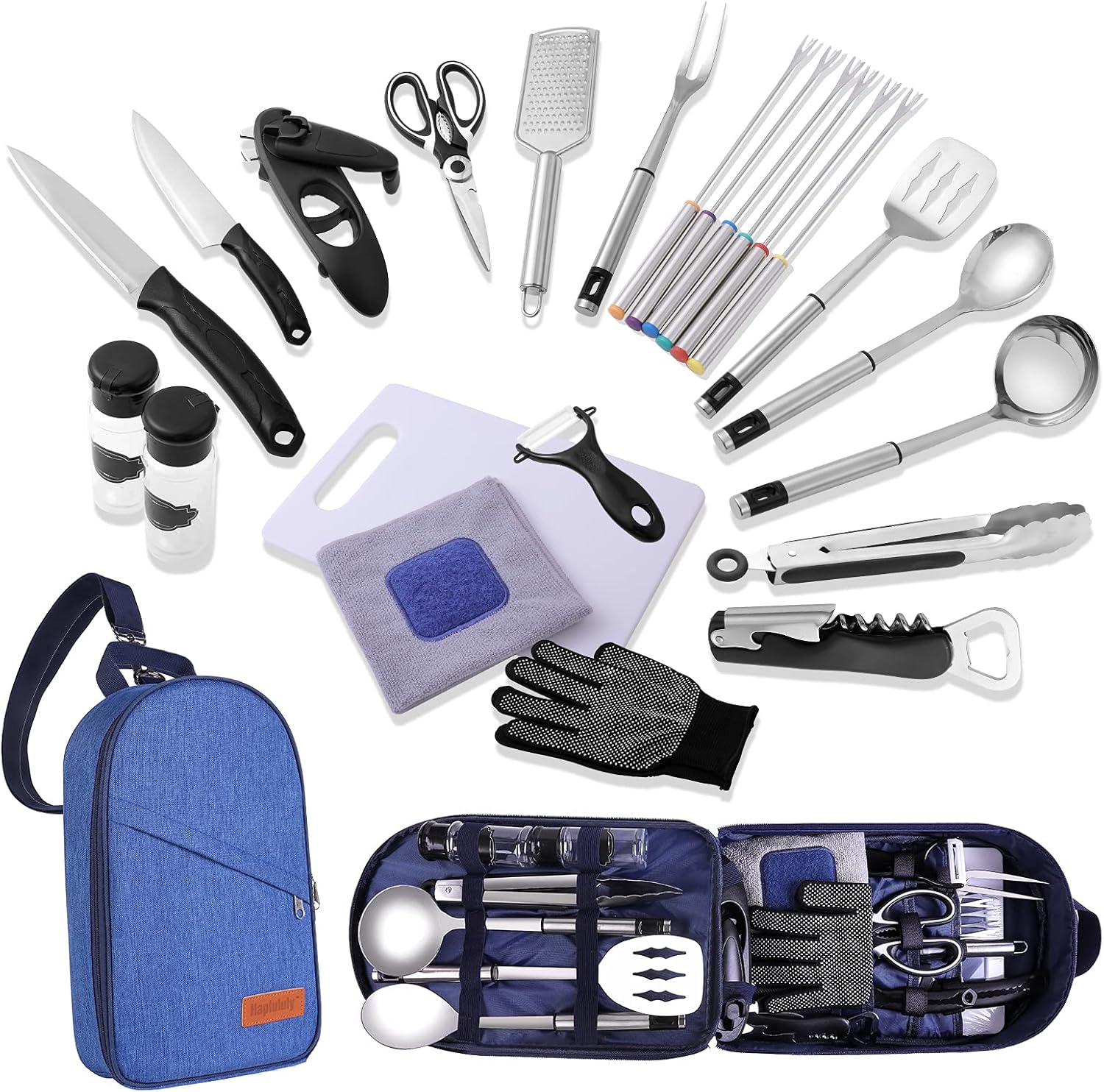 Haplululy Camping Kitchen Equipment Camping Cooking Utensils Set Portable Picnic Cookware Bag Campfire Barbecue Appliances Essential Gadgets and Accessories Suitable for Tent Campers, Outdoor Picnic