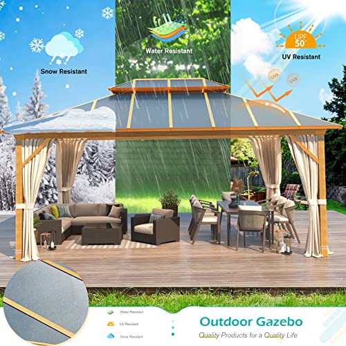 YOLENY 10' x 12' Hardtop Gazebo, Wood-Looking Gazebo with Galvanized Steel Double Roof, Aluminum Frame, Permanent Metal Pavilion with Netting and Curtains for Deck, Backyard, Patio and Lawns
