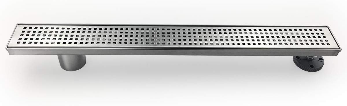 Neodrain 36-Inch Offset Side Outlet Linear Shower Drain with Quadrato Pattern Grate Cover, Brushed 304 Stainless Steel Rectangle Shower Floor Drain, with Leveling Foot, Hair Strainer catcher