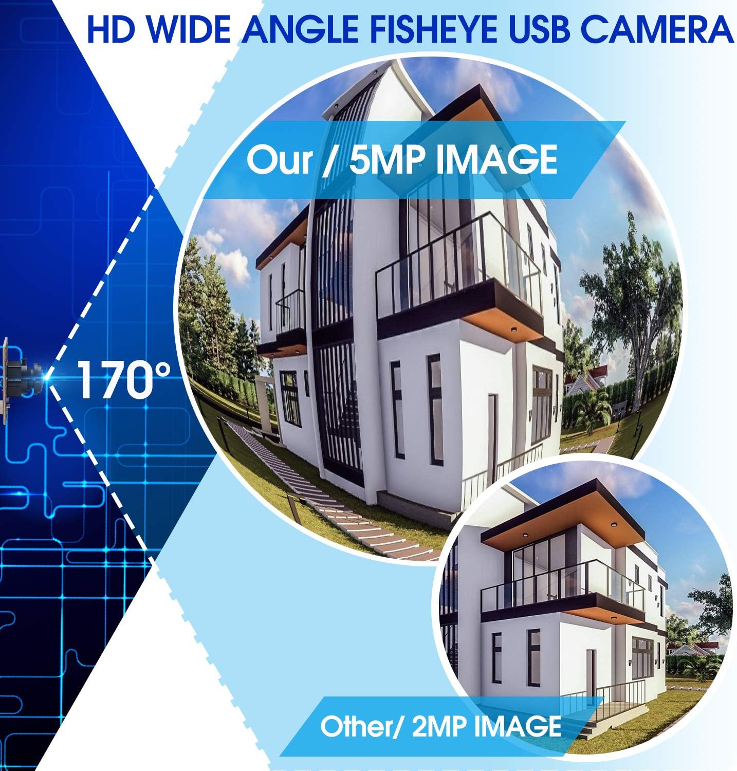 Autofocus 5 Megapixel USB Camera Module with 170 Degree Fisheye Lens HD 2592X1944 USB Webcamera with CMOS OV5640 Sensor USB with Camera,Mini Webcam for Windows Mac Andriod Linux,Plug&Play