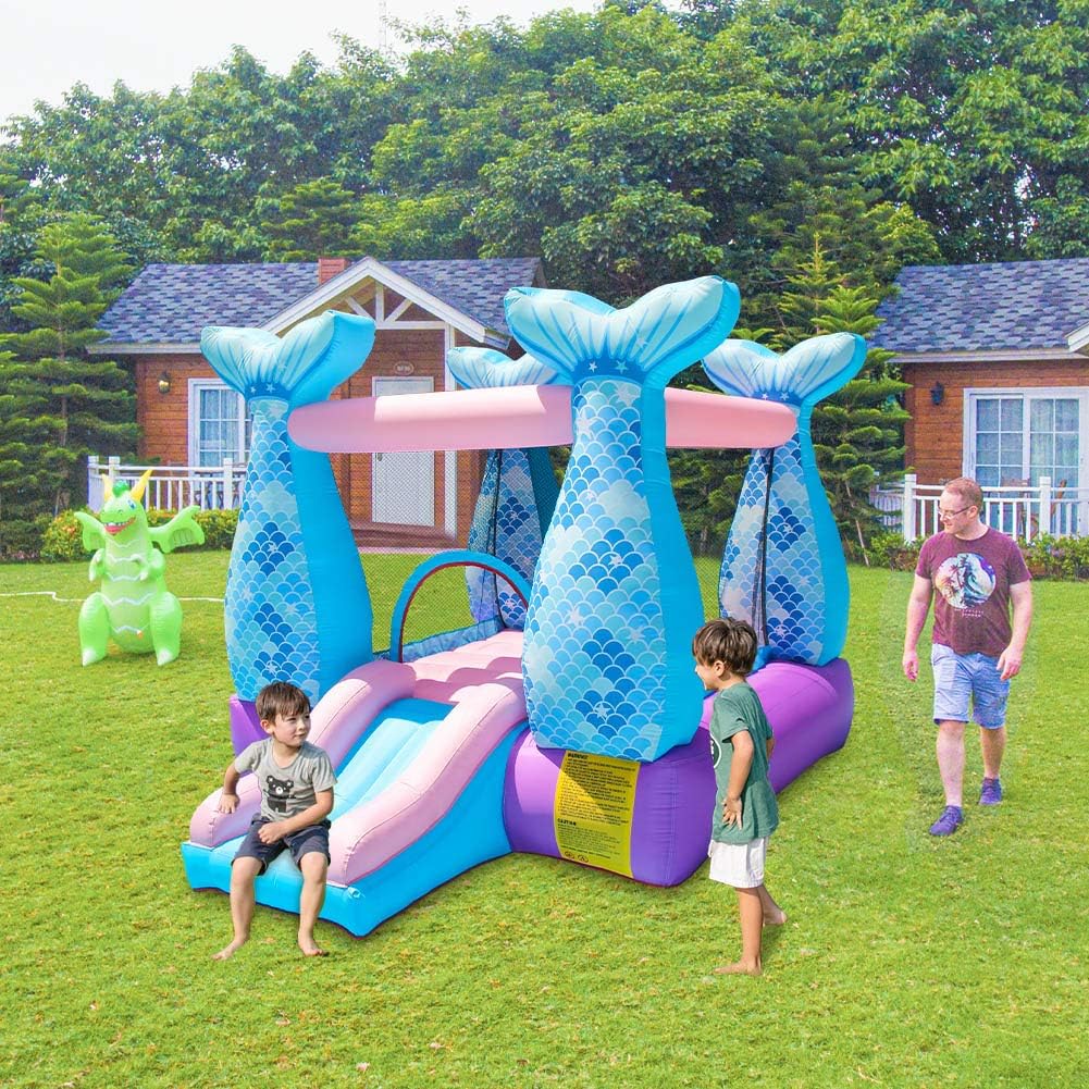 Bounce House Inflatable Mermaid Bouncy Castle House with Air Blower for Kids Party