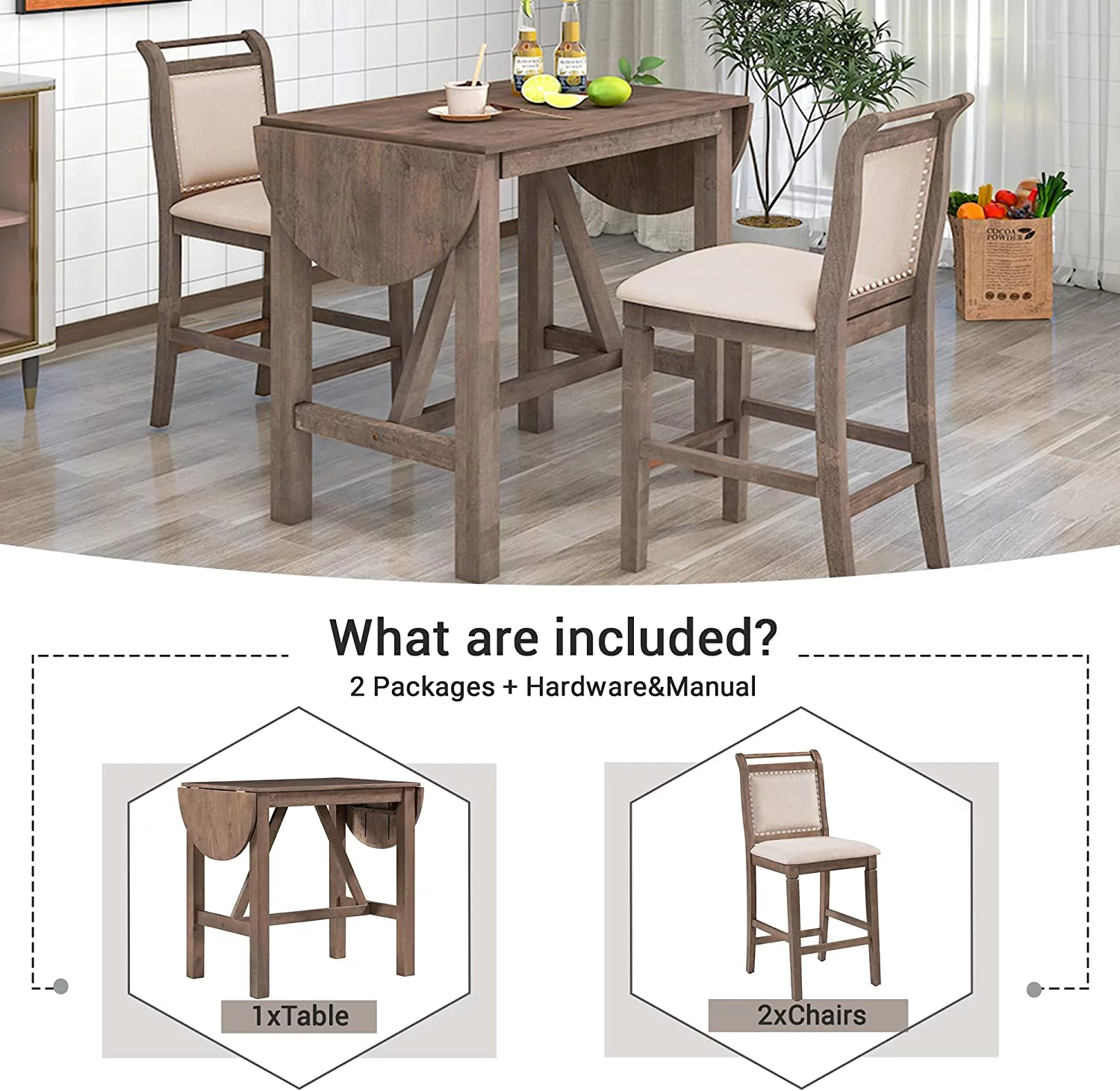 WANHUI 3-Piece Wood Counter Height Dining Table Set, with 2 Upholstered Chairs and Drop Leaf, for Small Space, Dinette, Home Kitchen Breakfast, Bar, Brown