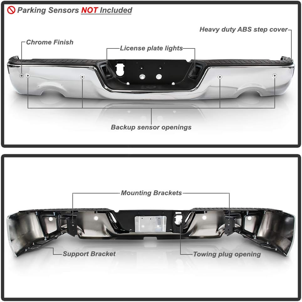 ACANII - For 2009-2018 Dodge Ram 1500 w/Dual Exhaust & Sensor Holes Only Chrome Steel Rear Step Bumper Complete Assembly