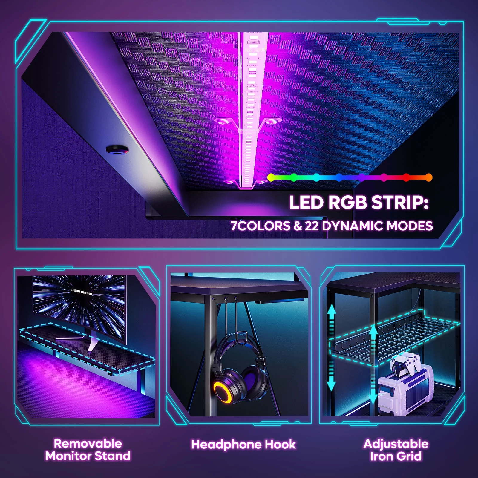 Bestier 52" Gaming Desk with LED Lights L Shaped Desk with Power Outlet & Monitor Stand Corner Computer Desk in Carbon Fiber