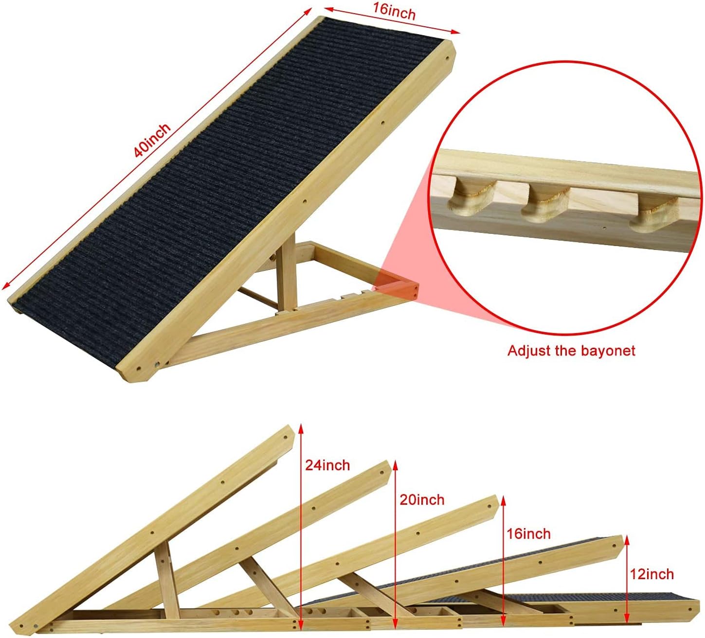 MelkTemn Adjustable 40 Long Pet Ramp for All Dogs and Cats for Couch or Bed with Paw Traction Mat,Adjustable from 12” to 24”,Great for Small & Older Animals