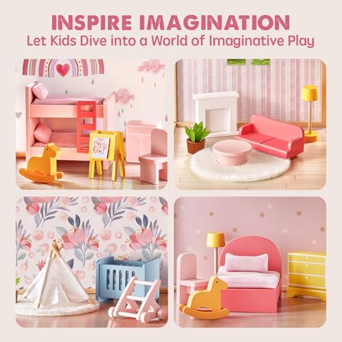 Tiny Land Wooden Dollhouse for Girls - 6 Rooms Wooden Doll House, DIY Pretend Doll House with 31Pcs Furniture Accessories, Creative Gift for Girl Ages 3+, Green