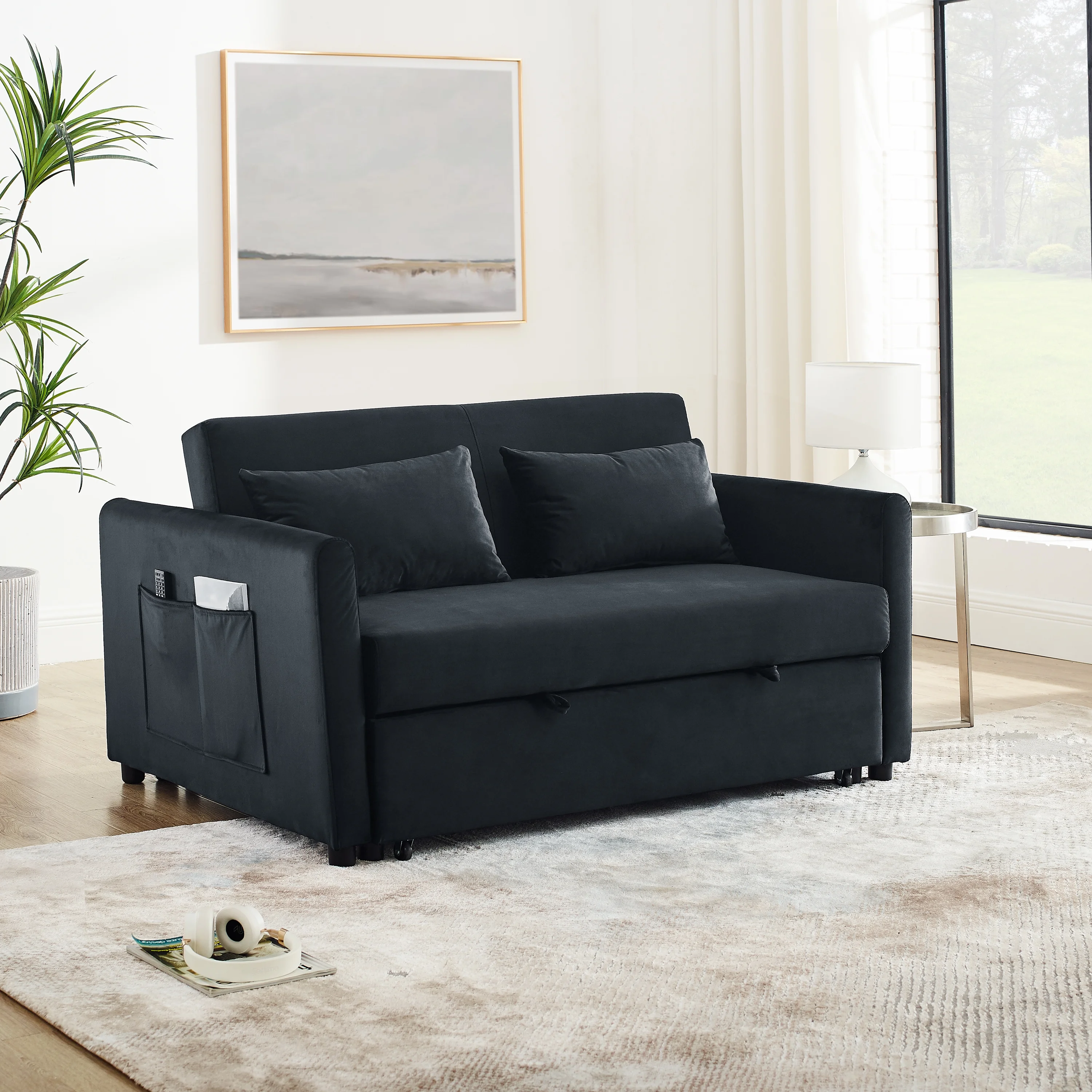 CoSoTower Convertible Sofa Bed, 3-In-1 Versatile Velvet Double Sofa with Pullout Bed, Seat with Adjustable Backrest, Lumbar Pillows, and Living Room Side Pockets, 54 Inch, Black