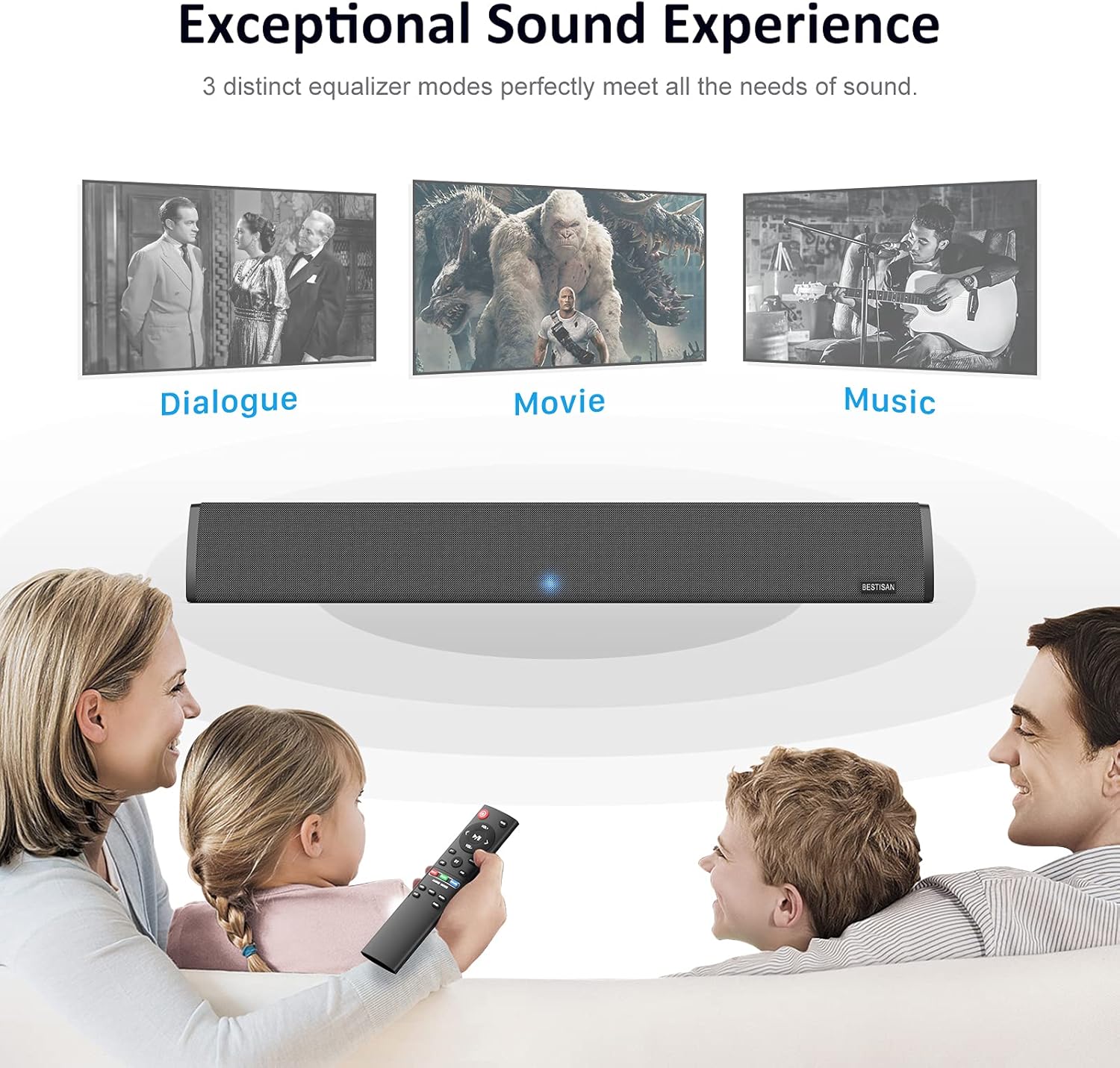 Sound Bar, Bestisan TV Soundbar with Built-in Subwoofer, Wired & Wireless Bluetooth 5.0 Sound Bars, 3 Equalizer Modes Home Audio Speakers, 24-Inch, Bass Adjustable, 80W, Optical/Coax/Aux/USB