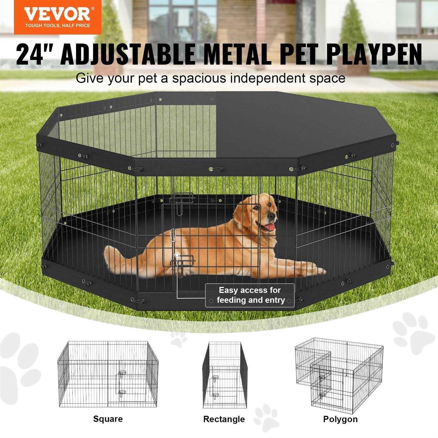 VEVOR Dog Playpen, 8 Panels Foldable Metal Dog Exercise Pen with Top Cover and Bottom Pad