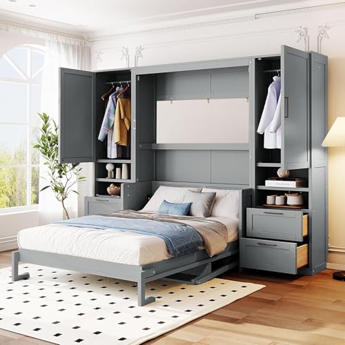 MERITLINE Full Murphy Bed with Desk and Storage 2 Closet,Drawers&Shelves, Wood Folding Murphy Wall Bed Cabinet for Adults (Full,White with Drawers)