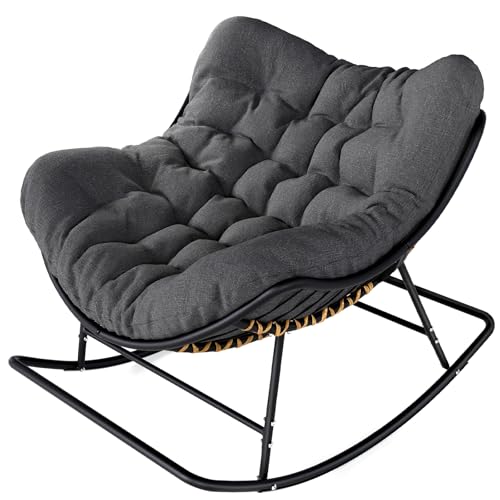 SWITTE Papasan Rocking Chair Outdoor Indoor, Oversized Egg Wicker Rocker with Cushion, Supports 450 lbs, Patio Chair for Balcony or Living Room - Gray
