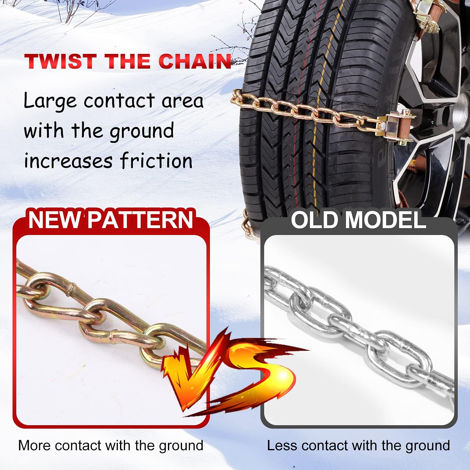 Tire Chains, Snow Chains 12 pcs for Trucks Suvs, Cars, Sedan, Family Automobiles with Update Adjustable Lock for Ice, Snow,Mud,Sand,Applicable Tire Width 225-285 mm /8.8-11.3in