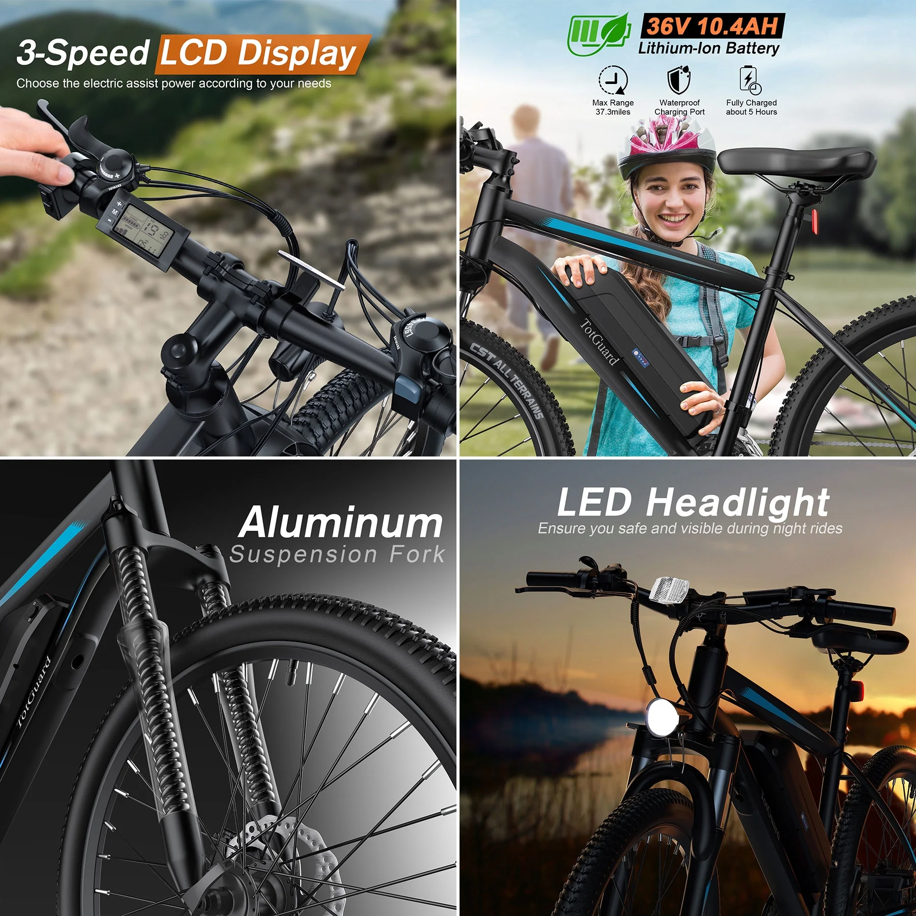 TotGuard Electric Bike, Electric Bike for Adults, 26 Ebike 350W Adult Electric Bicycles, 19.8MPH Electric Mountain Bike, 36V 374.4WH Battery, Suspension Fork, Shimano 21 Speed Gears