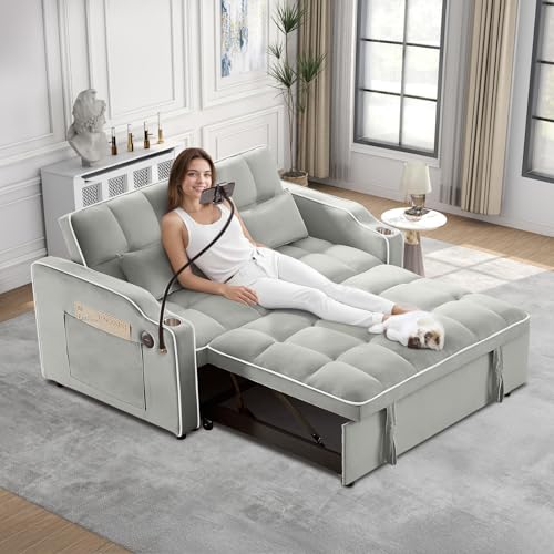 Convertible Sleeper Sofa Bed, 3 in 1 Velvet Pull Out Loveseat Couch Modern Comfy Futon Sofa with Adjustable Backrest & Phone Holder & USB Charging Space Saving for Living Room, Small Apartment, Grey