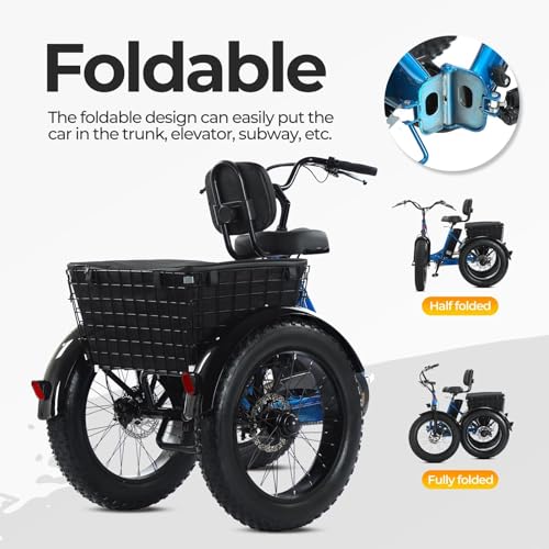 Electric Tricycle for Adults, 20" x 4.0 Fat Tire Electric Trike, Peak 750W 25MPH 36V 13Ah Lithium Battery UL Certified, Premium 80% Assembled Foldable 3 Wheel Electric Bicycle, Blue