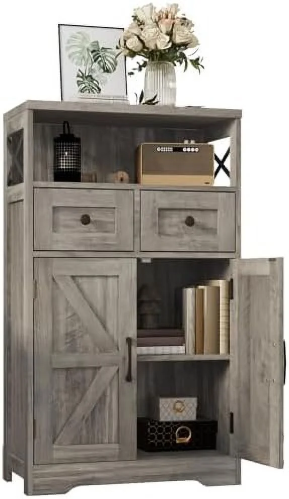 HJZUINIUNIU Farmhouse  Cabinet with Drawers and   Freestanding Kitchen Pantry  Cabinet  Floor  Cabinet Hutch Cupboard for Kitchen  Living Room  Home Office  Rustic Grey