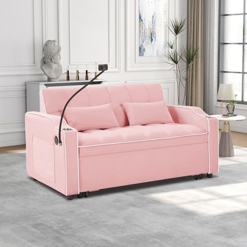 Convertible Sleeper Sofa Bed, 3 in 1 Velvet Pull Out Loveseat Couch Modern Comfy Futon Sofa with Adjustable Backrest & Phone Holder & USB Charging Space Saving for Living Room, Small Apartment, Grey