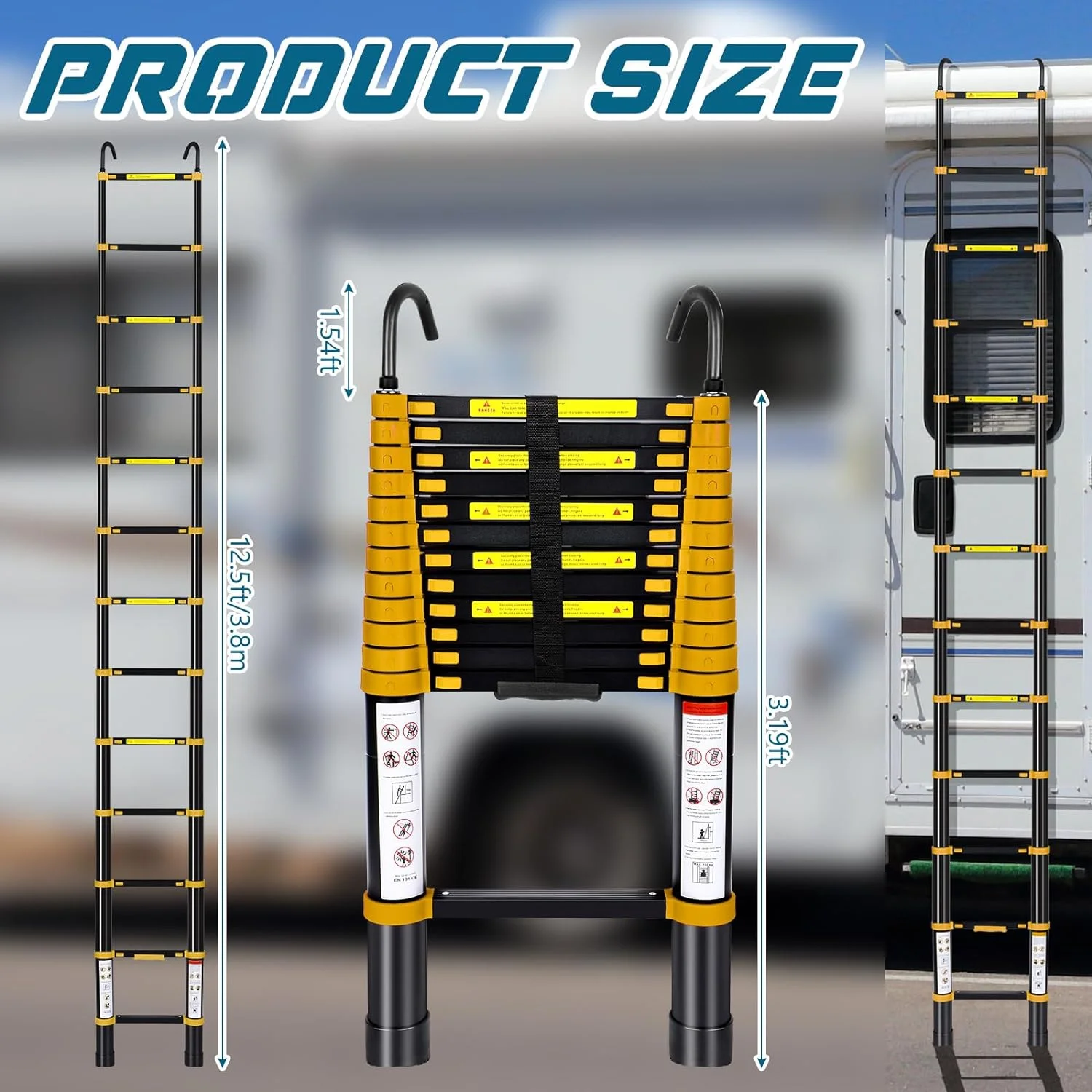 12.5FT Telescoping Ladder Aluminum Lightweight Extension Folding Ladder with Hook Multi-Purpose Collapsible Ladder, 330lbs Load Capacity, for Home, Office, RV, and Outdoor Work (Black)