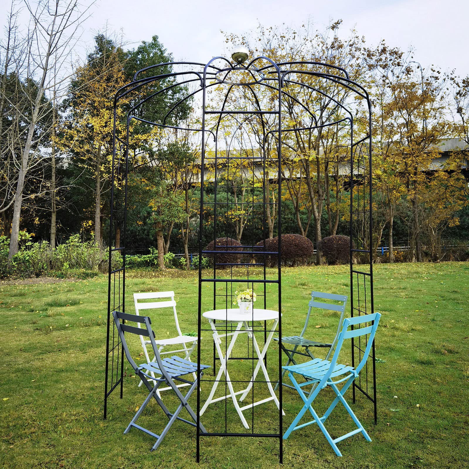Metal Garden Arch, 81.3" Diameter x 114.2" High, Iron Birdcage-Shaped Garden Gazebo for Wedding Ceremony, Outdoor, Climbable Vine, Rose, Dark Rust Color, Black