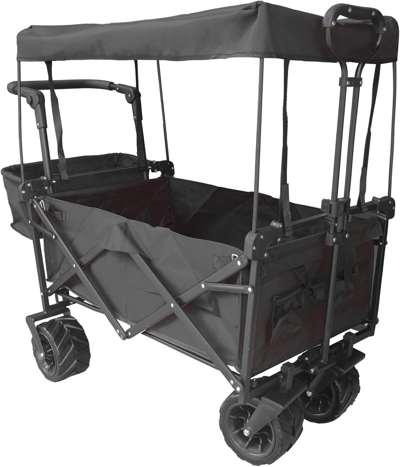 Collapsible Wagon Camping Garden Cart with Removable Canopy, Folding Wagon with Adjustable Push Handles and Brake for Shopping, Picnic, Beach, Camping, Sports (Camo)