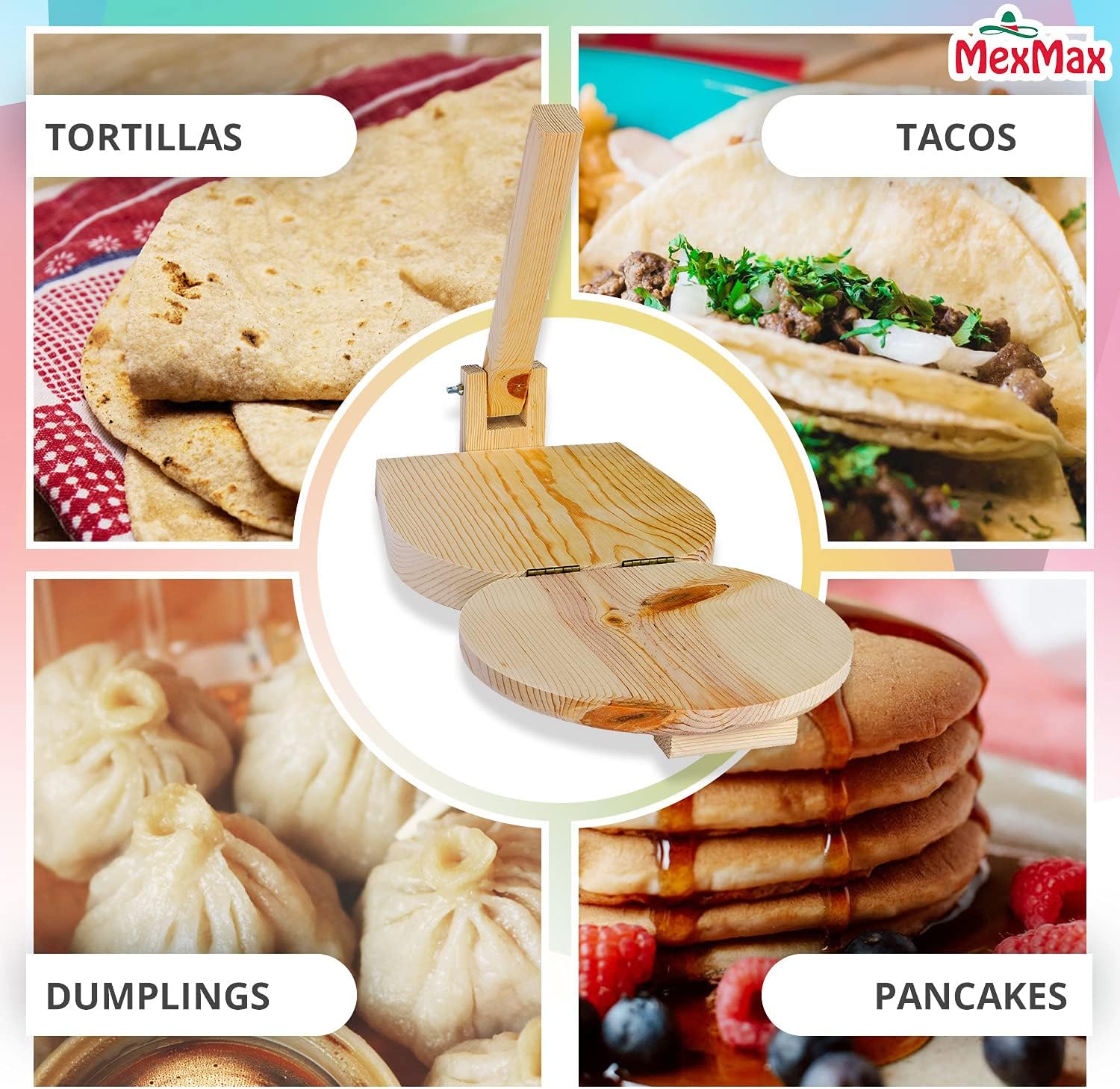 CHAMPS 9 Inch Wooden Tortilla Presser to Make Thin and Flat Discs for Homemade Mexican Tortillas, Dumpling, Roti or Empanadas - Round Prensa de Tortilla de Madera for Your Home and Business