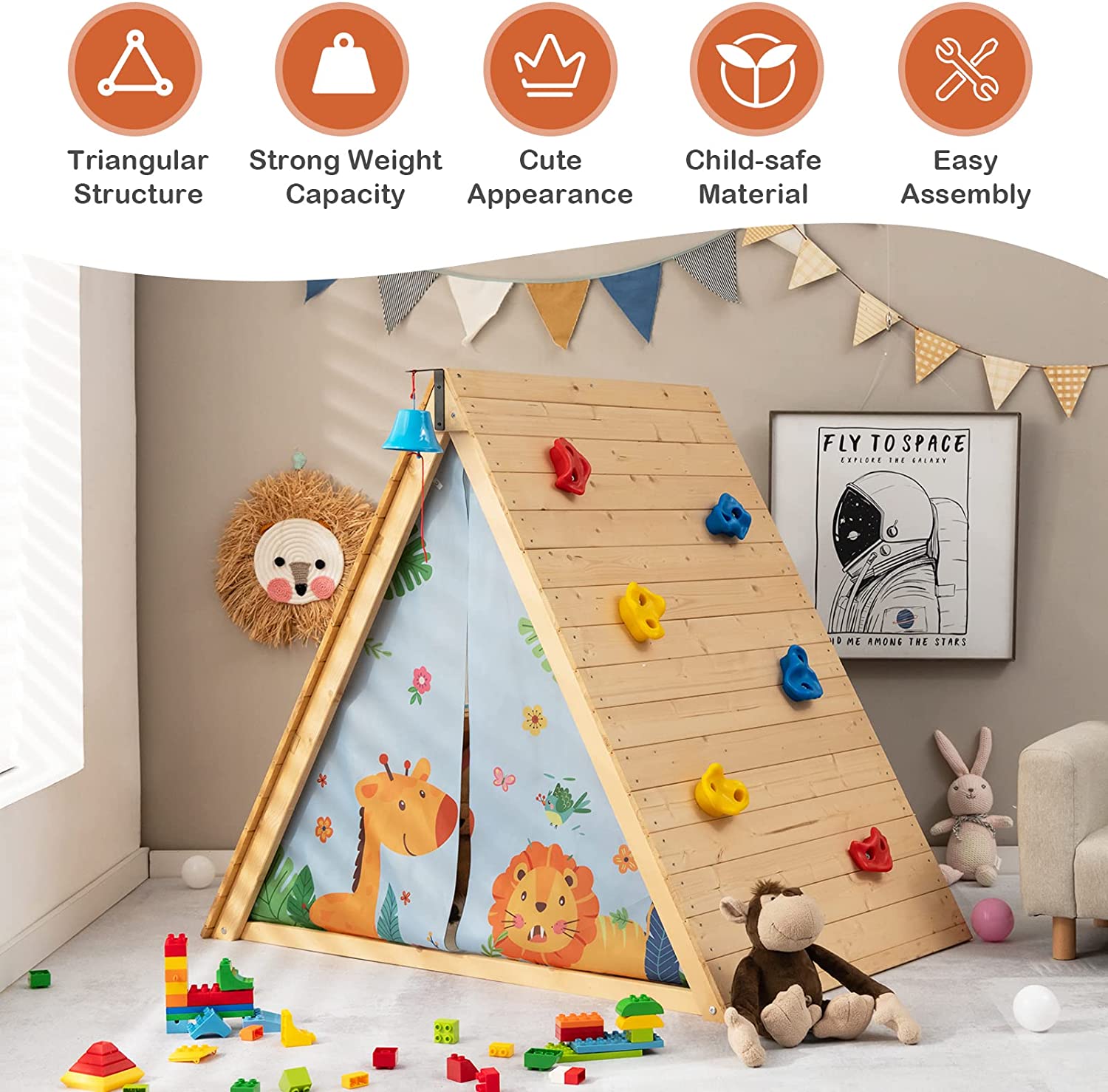 Triangle Climber with Tent, Kids Hideaway Play Tent & Rock Wall Climbing, Waterproof Tent Cover for Indoor Outdoor, Ring Bell, Wooden Climbing Triangle Crawling Tunnel Toy for Toddlers