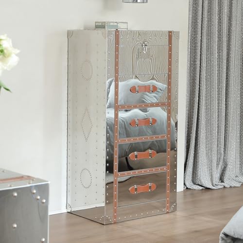 Mid-Century Modern Tall Dresser with Flip Top Mirror Metal Clad Antique Chest of Drawers for Bedroom 5 Drawers Storage Tower Organizer for Living Room, Hallway, Entryway, Closets, Golden