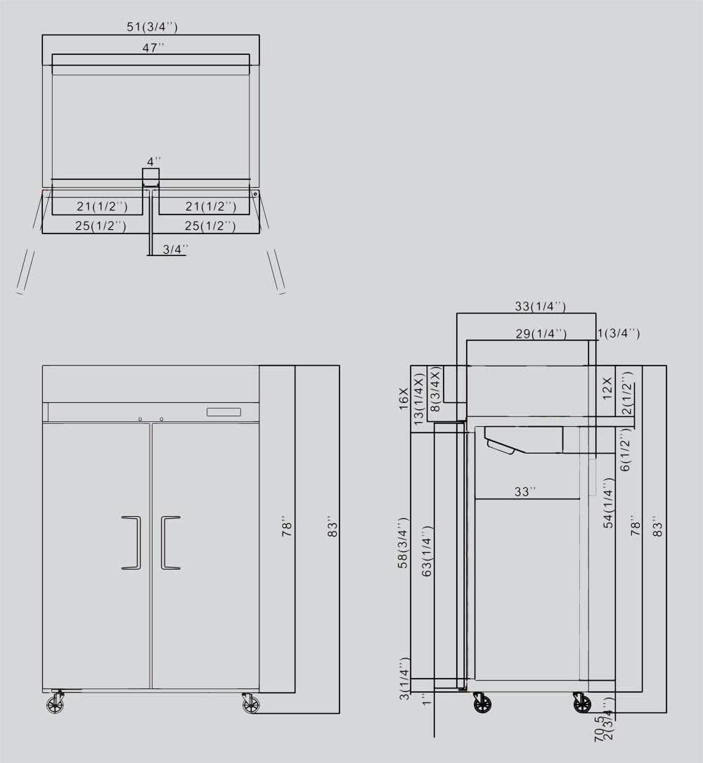 52" Side By Side Double Two Door Stainless Steel Reach in Commercial Refrigerator, 44.5 Cubic Feet, for Restaurant and Home
