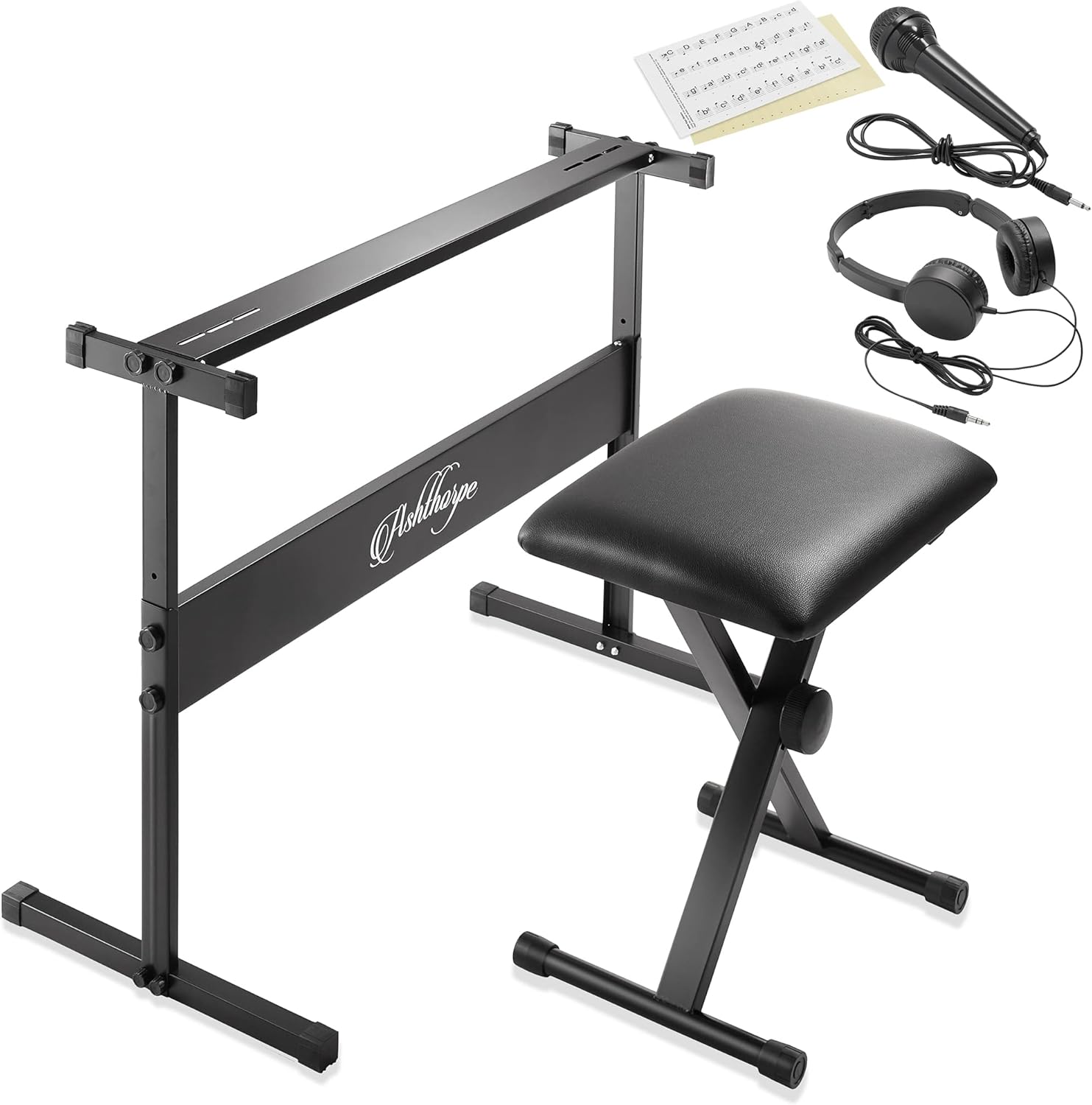 Ashthorpe 61-Key Digital Electronic Keyboard Piano with Light Up Keys, Includes Stand, Bench, Headphones, Mic and Keynote Stickers