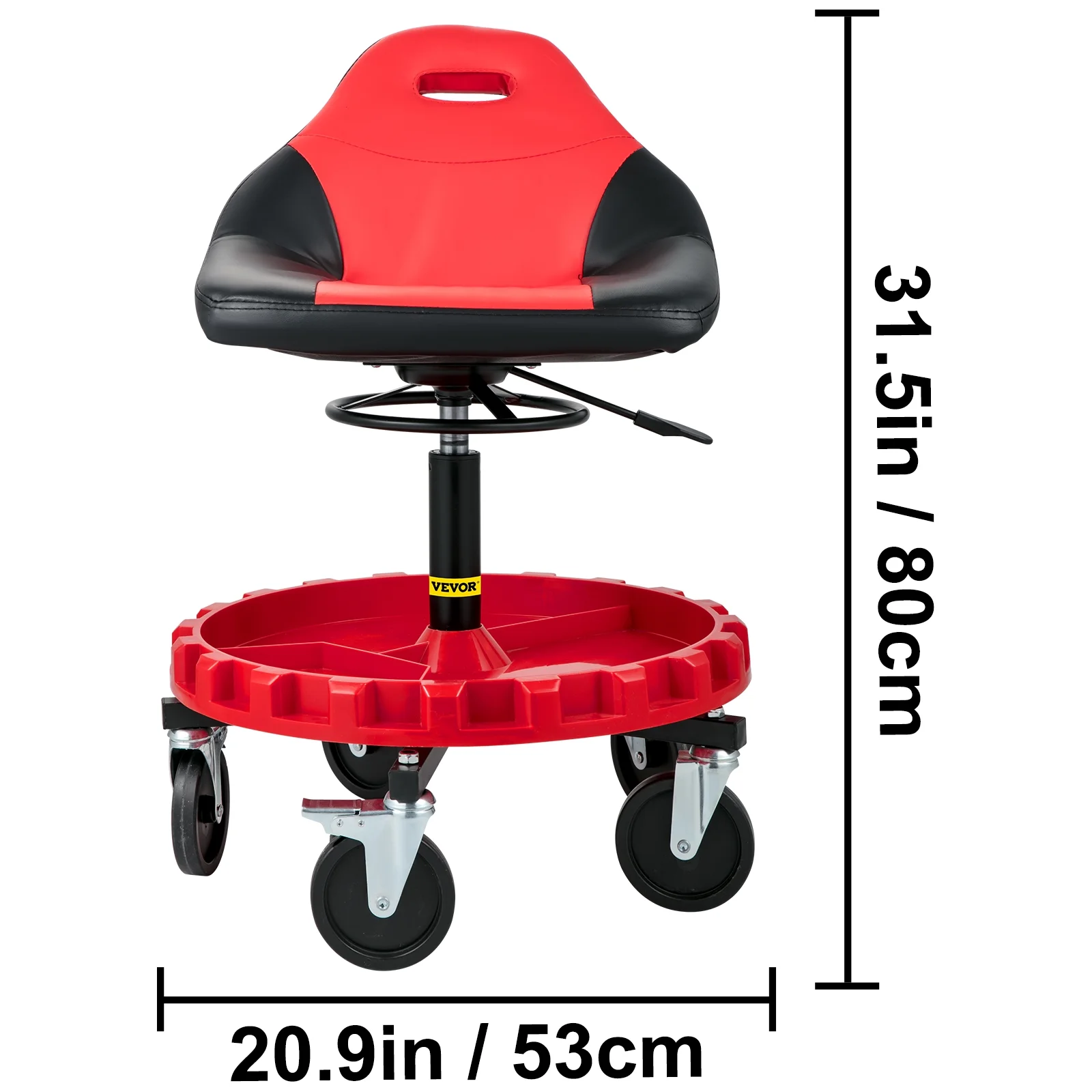 VEVOR Rolling Garage Stool, 300lbs Capacity, Adjustable Height from 21 in to 26 in, Mechanic Seat with 360-degree Swivel Wheels and Tool Tray, for Workshop, Auto Repair Shop, Red