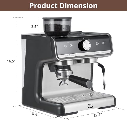 Espresso Machine with Grinder, 20 Bar Automatic Espresso Coffee Maker with Milk Frother for Home Barista, Professional Coffee Machine for Cappuccinos or Lattes, Gift for Dad Mom Coffee Lover