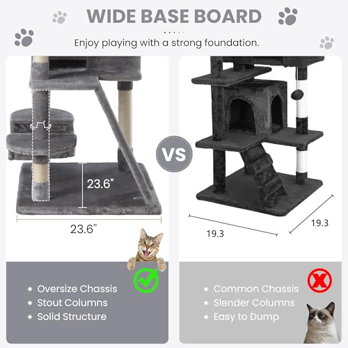 SHA CERLIN 65in Larger Cat Tree Tower Condo for Indoor Cats, Multi-Level Furniture Activity Center with Wide Base/Cozy Plush Cat Perches/Baskets/Sisal Scratching Posts and Hammock/Grey