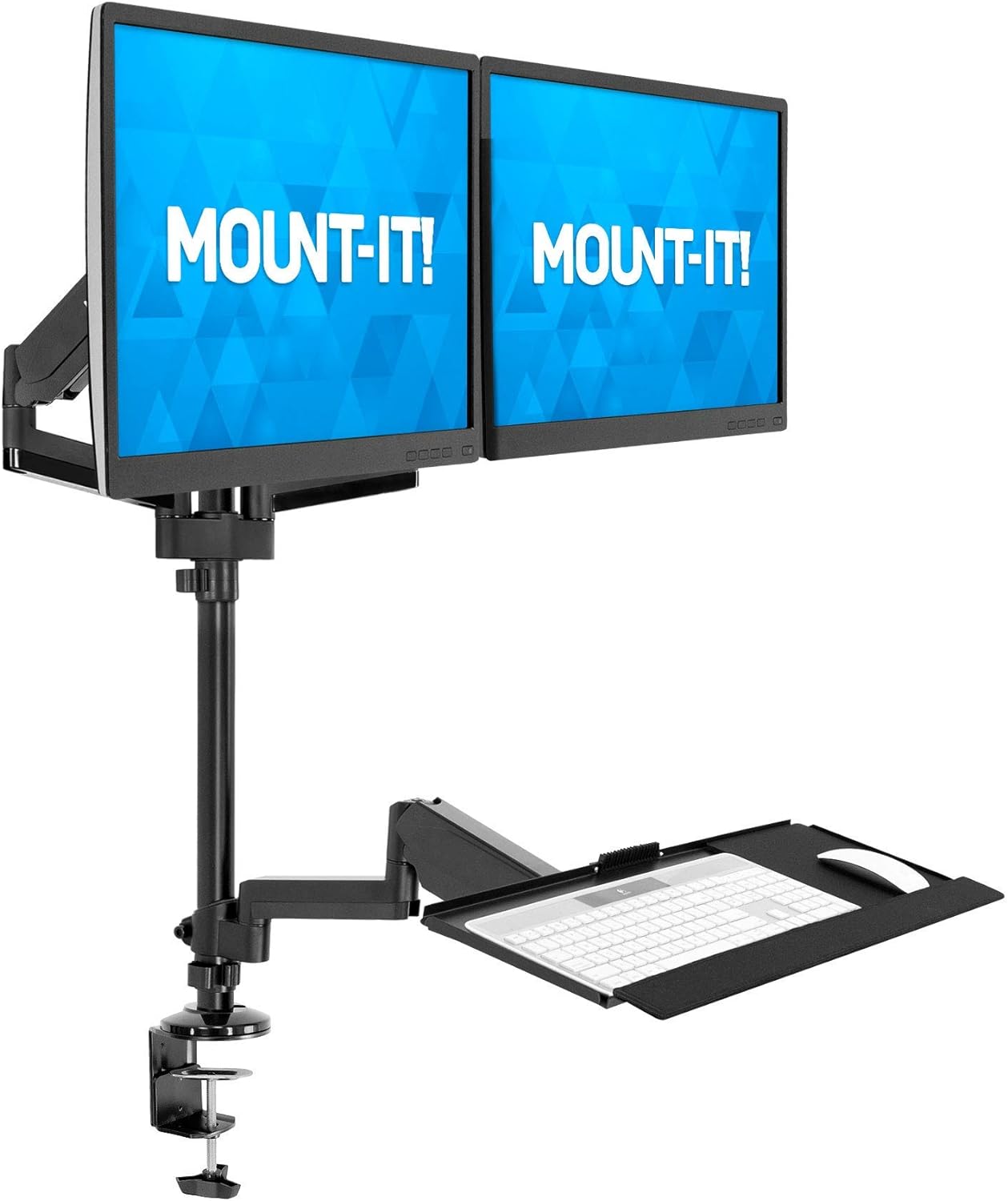 MOUNT-IT! Dual Monitor Sit Stand Workstation [2 Screens up to 32" Each] Height Adjustable and Quick Release Screen Mount, Standing Desk with Keyboard Tray, (Black)