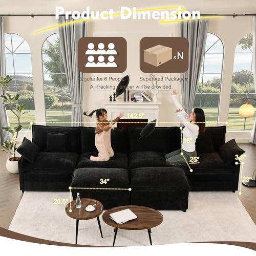 108" U Shaped Couch, Modular Sectional Sofa, 3-Seater Comfy Cloud Couch with Movable Ottoman, Deep Seat Couches for Living Room, Chenille, Black