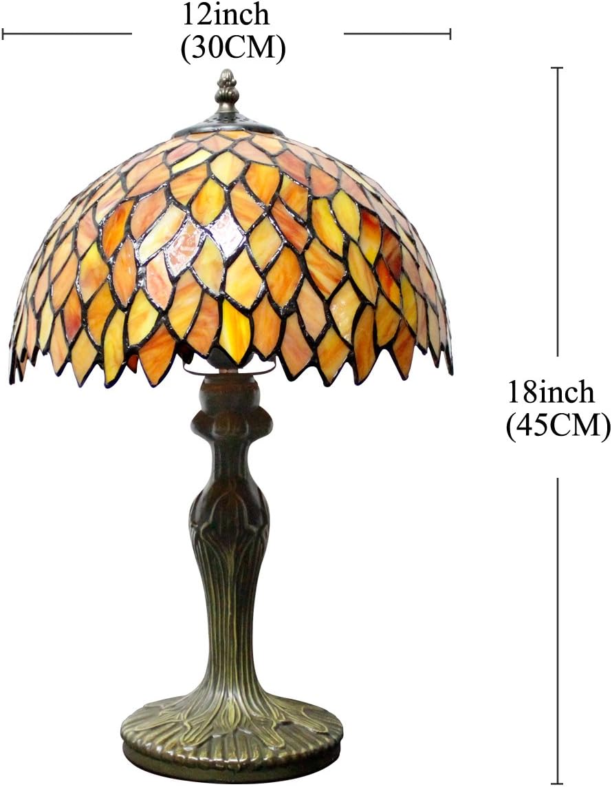 WERFACTORY Tiffany Lamp Stained Glass Table Lamp Red Wisteria Style Desk Bedside Reading Light 12X12X18 Inches Deco Bedroom Living Room Home Office S523R Series (A)