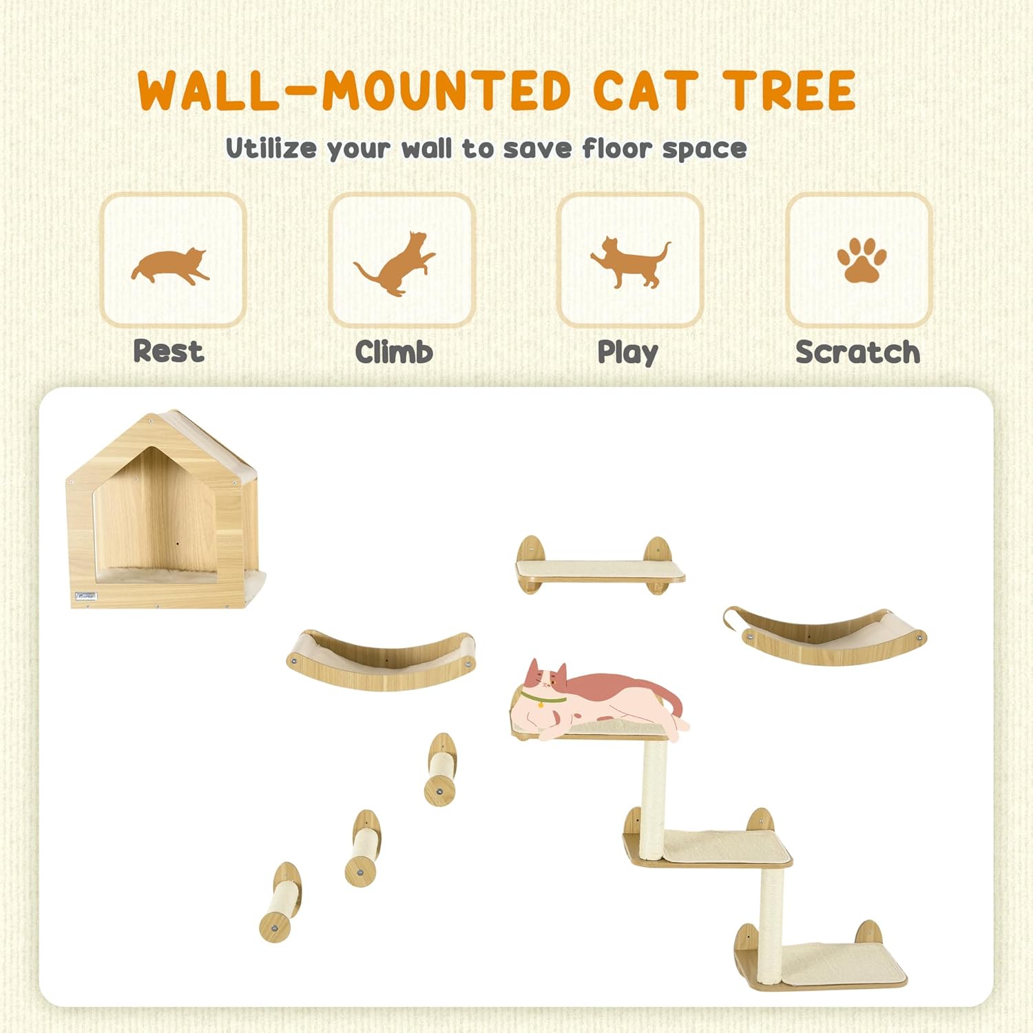 PawHut 8Pcs Wall Mounted Cat Tree Cat Shelf Set, Cat Wall Furniture with Cat Hammocks, Condo, Perches, Steps, Modern Cat Tree for Indoor Cats