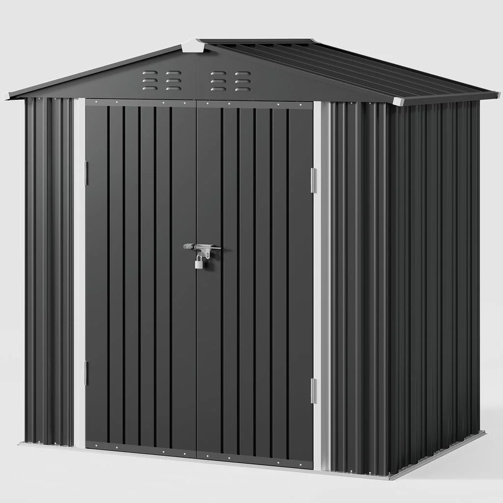Aiho 8' x 6' Shed, Outdoor Storage Shed with Metal Base Frame & Air Vent & Lockable Doors for Garden and Backyard - Gray - Curated Treasures Market