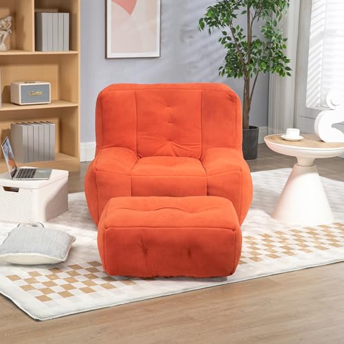 Bean Bag Chair,Microfiber Upholstered Bean Bag Couch for Adults and Kids with Footstool,Memory Foam Togo Sofa for Livingroom (White)