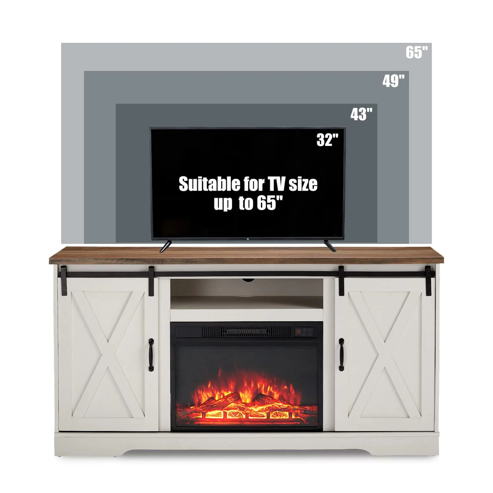Amerlife Fireplace TV Stand Sliding Barn Door Wood Entertainment Center with a 23'' Electric Fireplace Insert, Modern Farmhouse Storage Cabinet Console for TVs Up to 65", Distressed White & Barnwood