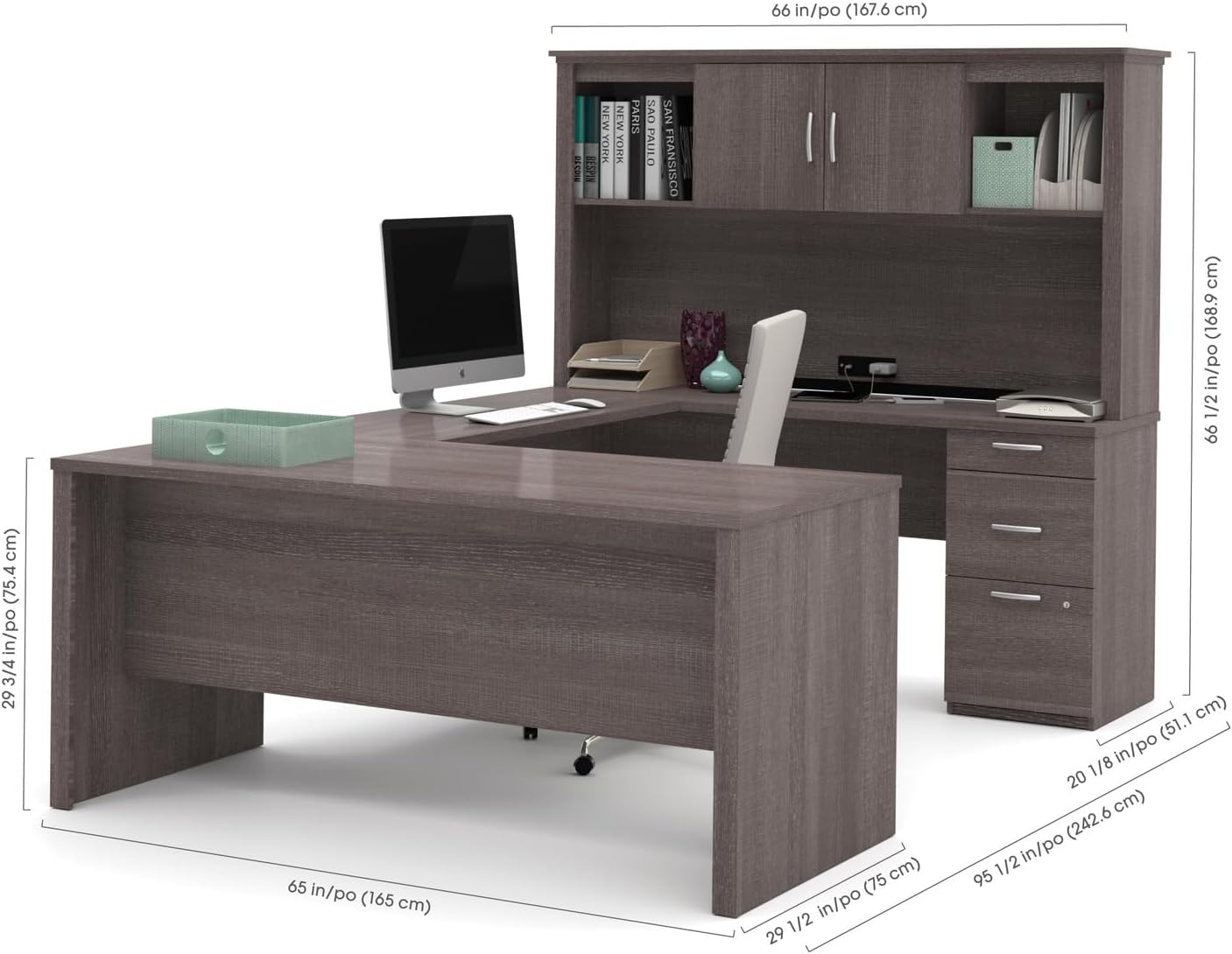 Modern Motifs U-Shaped Executive Desk with Pedestal and Hutch in bark grey