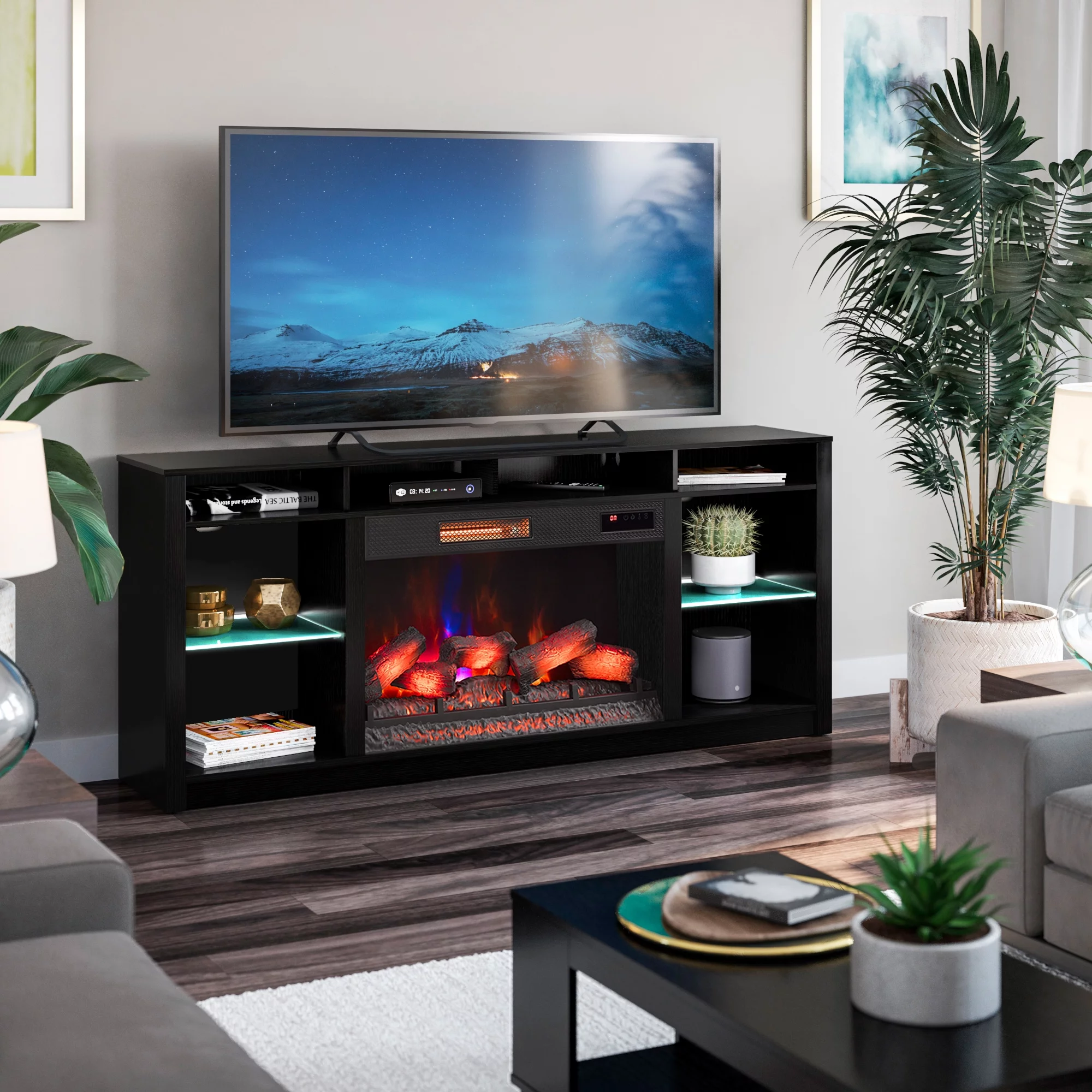 Twin Star Home Modern Contemporary TV Stand for TVs up to 80" with 33" Electric Fireplace and Interior Lights, Black