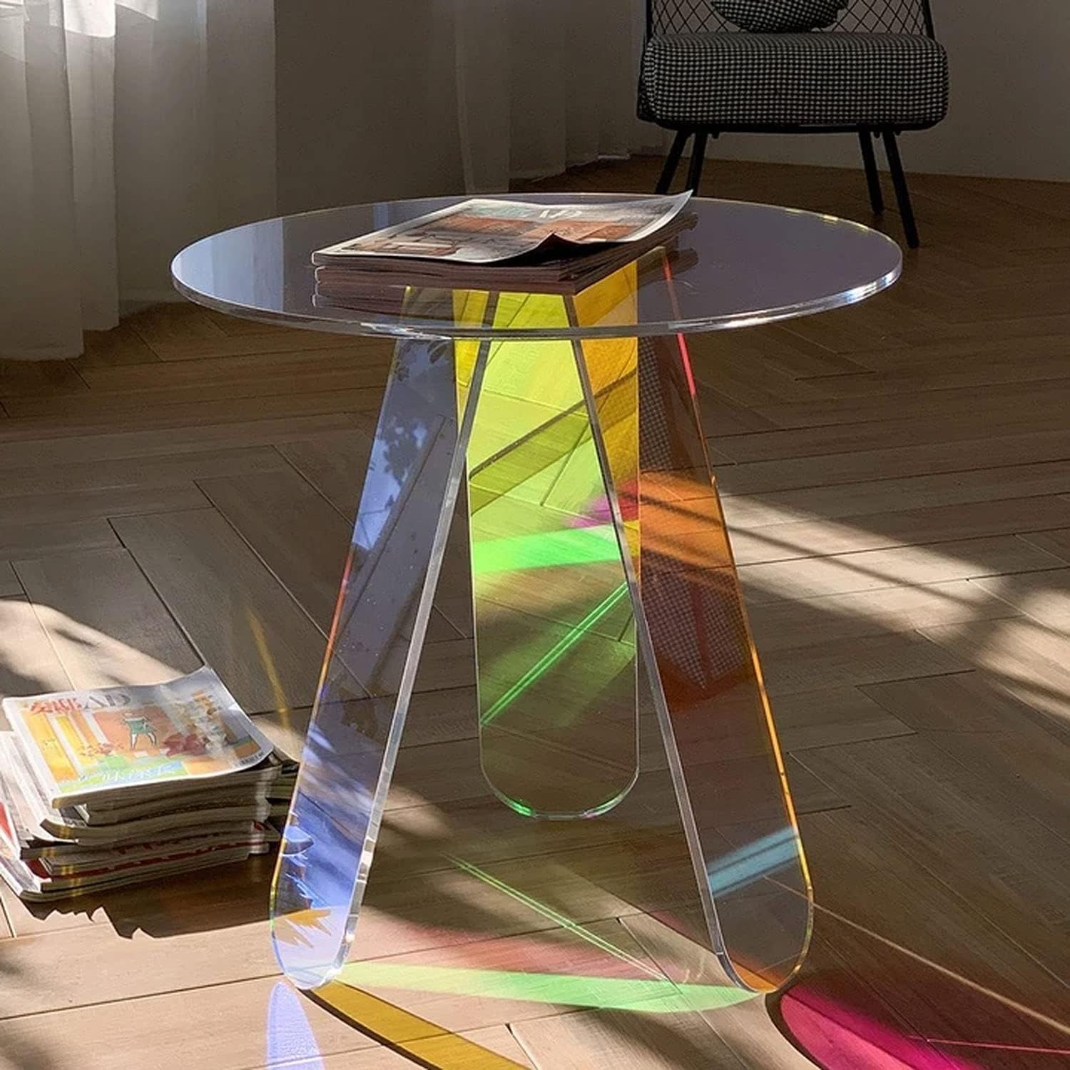 Acrylic Side Table Colorful Glass Round End Table, Beautiful Small Narrow Bedside Couch Sofa Side Tables for Drink Snack Magazine Living Room Bedroom, Clear Suncatcher Night Stands, 18 inch