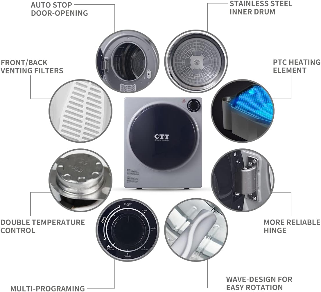 CTT Compact Dryer 2.15 cu.ft. Portable Clothes Dryers with Stainless Steel Liner Small Dryer Machine, Suitable for Apartments, Dorm, RVs, 110V Gray