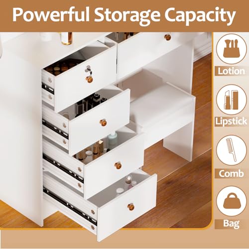 Vanity Desk with Mirror with Lights and Large Drawers, 3 Color Modes Dimmer Switch 10 Light Bulbs Makeup Vanity Set with Cushioned Stool for Girls, Women. White
