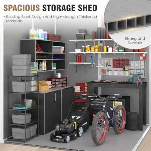 Outdoor Storage Shed, 6x6 FT Resin Shed with Floor and Lockable Door, Window, Vents, Tool Sheds and Outdoor Storage for Bike, Garden Accessories, Tools, Waterproof (Grey & White)