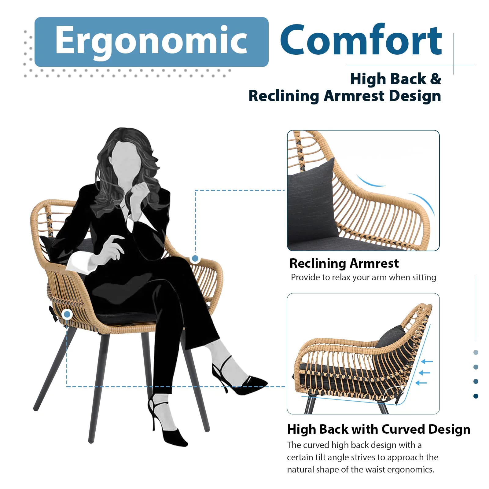 JOIVI Outdoor Wicker Chairs Set of 2, Patio Dining Chairs with Cushions, All-weather Rattan Porch Chairs with Armrest for Outside Lawn, Balcony, Garden, Black