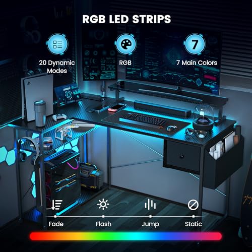 L Shaped Gaming Desk, 47 Inch Computer Desk with Adjustable Stand & RGB Lights, Corner Desk for Power Outlet, Carbon Fiber Texture