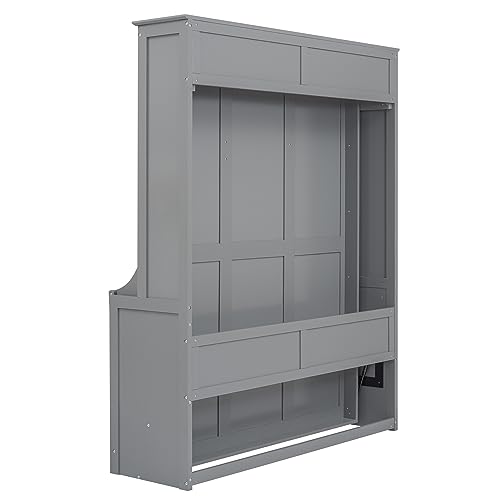 Murphy Bed Queen Bed Frame with Storage Shelves and LED Lights Folding Wall Bed with Wood Slats Queen Size Murphy Bed Cabinet Bed, Space Saving, White
