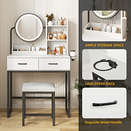 Makeup Vanity Desk with Round Mirror and Lights, White Vanity Makeup Table with Hair Dryer Rack, Small Vanity Table for Bedroom with Lots Storage (Brown and Black, 15.75 * 31.5 * 53.6in)