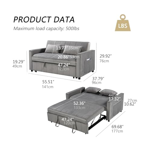 Convertible Sleeper Sofa Bed, 55.51" Modern Velvet 3-in-1 Futon Couch, Pullout Bed with Adjustable Backrest, Storage Pockets and Toss Pillows for Living Room, Bedroom (Black)